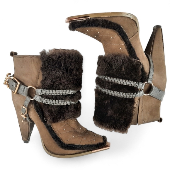 IVY KIRZHNER Shearling Rose Gold Harness Stud Leather Olive Brown Heeled Boot 8 - Picture 6 of 14